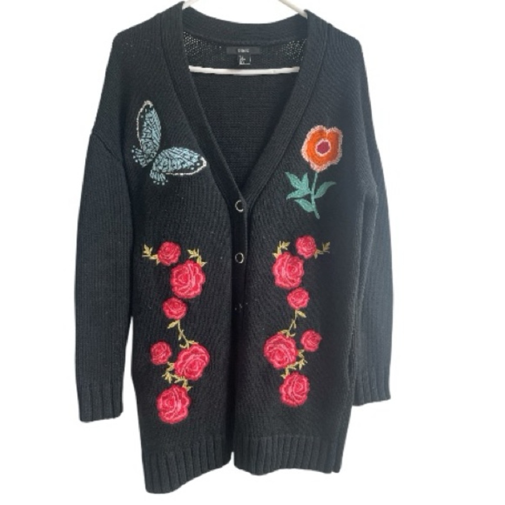 Forever 21 Womens Black Floral Butterfly Embroidered Knit Cardigan Sweater Small - Picture 1 of 4